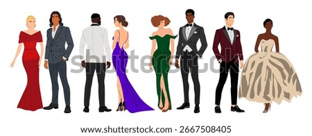 Diverse of multiracial and multinational couples wearing evening formal or black tie outfits for celebration, wedding, Christmas Eve or New Year party. Happy men and women in gorgeous luxury clothes.