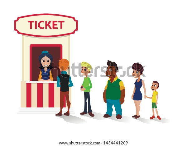 Diverse Multiracial People Queue, Adults and\
Child Characters to Cinema Ticket Office Flat Cartoon. Flat Booth\
with Friendly Smiling Box-Office Clerk or Cashier. Vector Walk to\
Movies Illustration