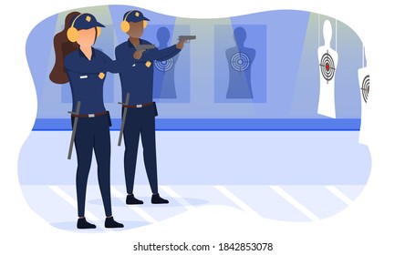 Diverse multiracial policemen training shooting targets in shooting range. Man and woman in uniform holding weapons and shooting into aims. Flat cartoon vector illustration with fictional characters