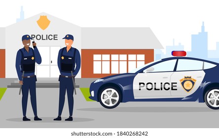 Diverse Multiracial Smiling Police Officers Talking In Front Of A Police Car And Police Station. Flat Cartoon Vector Illustration With Fictional Characters.