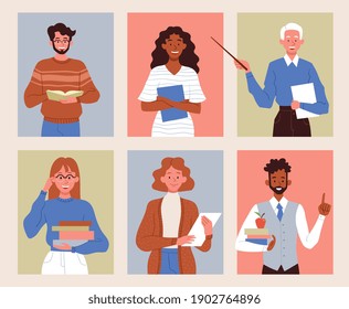 Diverse multiracial teacher characters in class. Set of isolated flat cartoon vector illustrations