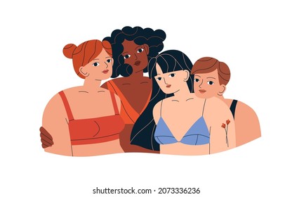 Retrato multirracial diverso de mujeres. Hembras de diferentes razas, colores de piel y cabello. Belleza en el concepto de diversidad. Hermosas modelos en ropa interior. Ilustración vectorial plana aislada en fondo blanco