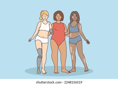 Diverse multiracial women stand together show unity and strength. Smiling girls with different figures and disabilities feel empowered. Vector illustration. 