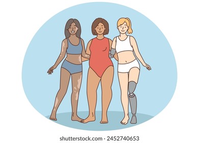 Diverse multiracial women stand together show unity and strength. Smiling girls with different figures and disabilities feel empowered. Vector illustration.