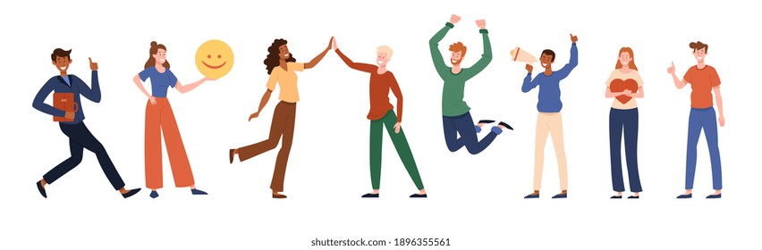 Diverse multiracial young people are standing in line to communicate positive thoughts and feelings to each other. Flat cartoon vector illustrations isolated on white background