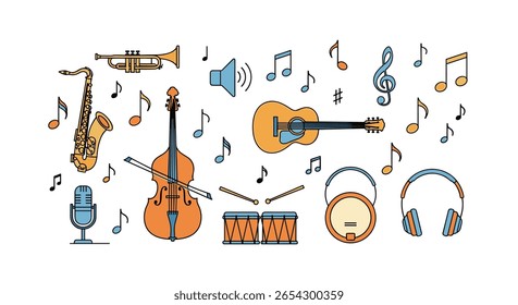 Diversos instrumentos musicais e símbolos de áudio para amantes da música e artistas