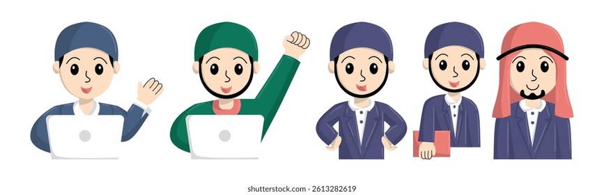 Diverse muslim professionals in animated style, expressing success and progress in modern workplace. Vector illustration, emphasizing cultural diversity and modern muslims.