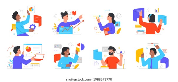 Diverse mutiracial business people interacting to workflow operations. Workforce process optimization, management, productivity, flow control concepts. Set of flat cartoon vector illustrations