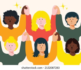 Diverse nations of people standing and holding hands. Cartoon character flat vector illustration background