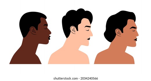 Diverse nations profiles. Cartoon persons of different nationalities and colors, vector illustration of face portrait of men without clothes isolated on white background