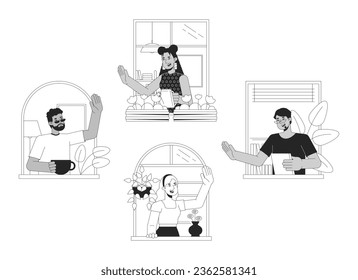 Diverse neighbors greeting bw concept vector spot illustration. Communicative people 2D cartoon flat line monochromatic characters on white for web UI design. Editable isolated outline hero image