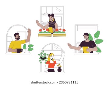 Diverse neighbors greeting flat line concept vector spot illustration. Communicative people. Friendly 2D cartoon outline characters on white for web UI design. Editable isolated color hero image
