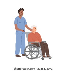 Diverse Nurse Or Doctor Taking Care Of Elderly Man On Wheelchair. Nursing Home Concept. Assisted Living. Residential Care Facility. Senior Person With Disability At Hospital. Vector Flat