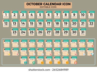Diverse Oktoberkalender-Symbolsatz für Planung und Ereignismanagement, Vektorgrafik