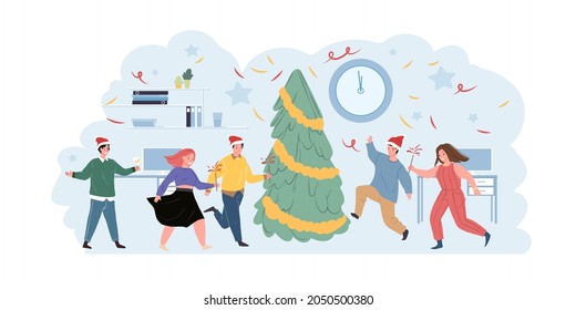 Diverse Office People Character Celebrating Christmas And Happy New Year Winter Holidays Dancing Around Decorated Xmas Fir Tree Vector