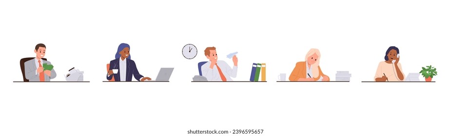 Diverse office worker cartoon characters sitting working on laptop, calling phone at workplace
