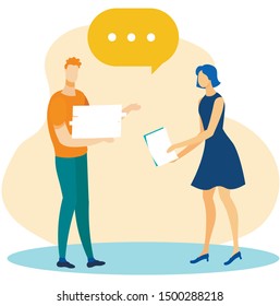 Diverse Office Workers Have Dialog. Man and Woman Talk and Discuss Project Results, Hard Task. Cartoon People Character in Conversation. Colleagues Business Meeting, Workflow. Vector Flat Illustration