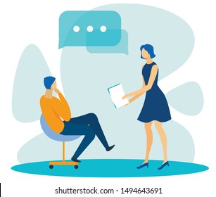 Diverse Office Workers Having Dialog. Thoughtful Man Sitting on Chair Listening to Female Report. Woman Standing with Paper Work Results in Hand. Business Talk. Vector Flat Illustration