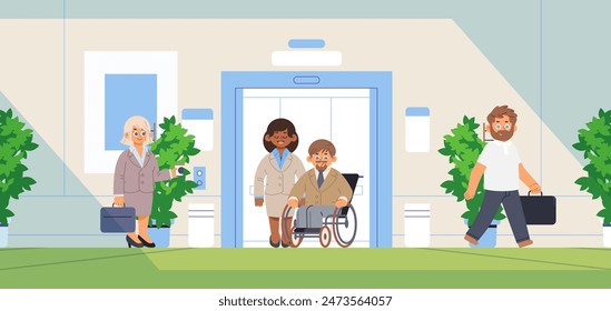 Diverse office workers use elevator. Flat vector business concept