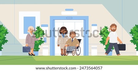 Diverse office workers use elevator. Flat vector business concept