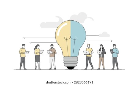 Diverse office workers using digital technology around a central lightbulb represents collective brainpower and innovation in modern business.