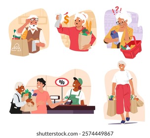 Diverse old people characters in various emotion during shopping at supermarket. Senior man elderly woman feeling stress due to expensive prices and enjoying purchasing opportunity vector illustration