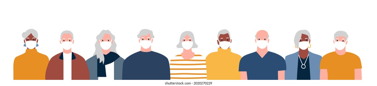 Diverse old people crowd wearing face mask on isolated white background. Elder senior age group characters in flat cartoon style. Disease prevention or air pollution protection concept.