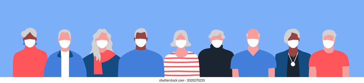 Diverse old people crowd wearing face mask on isolated white background. Elder senior age group characters in flat cartoon style. Disease prevention or air pollution protection concept.