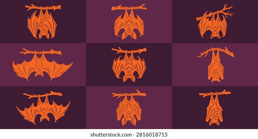Diverse orange bat silhouettes hanging from tree branches frame freepik
