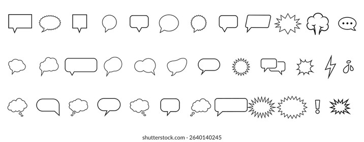 Diverse outline speech bubbles, thought balloons, and comic chat icons vector set, various empty message boxes for dialogue, communication, and idea presentation for manga and webtoons comics