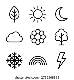 Diverse outline vector icons of nature and weather elements for seasons and forecasts with graphic design, climate chan