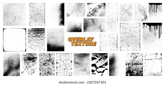 Diverse Overlay Texture graphic set. Halftone stamp, effects: grunge, paper, torn, old, concrete, grainy, dust. Overlay texture with great detail, square and rectangular shapes. Halftone stamp. Vector