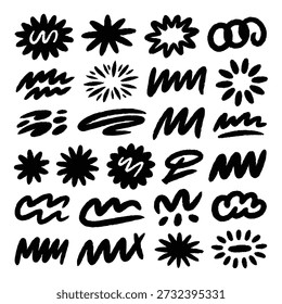 Diverse pack of hand crafted brush elements with thick ink textures including wavy lines and circular starburst patterns for creative layouts and decorative illustration projects for designers