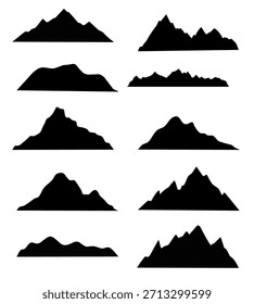 Un paquete diverso de Vectores de silueta de montaña con contornos únicos y diferentes elevaciones. Perfecto para el diseño de logotipos, temas de aventura, marca al aire libre e ilustración de paisaje natural.
