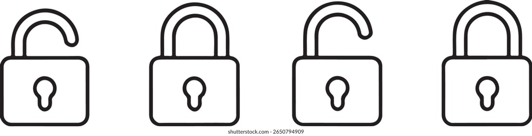 Diverse Padlock Positions Depicting Security States in Simple Black and White Line Art for Interface Design