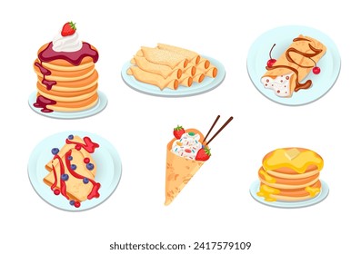 Diverse pancakes from around world. Vector illustration set. Pancakes with maple syrup, butter, ice-cream, berries, cheese. Cuisine, recipes, cooking concept