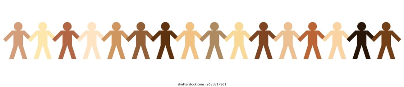 Diverse paper cut human chain vector showing people of different skin colors holding hands. Ideal for unity, diversity, equality, inclusion, teamwork, and global human rights design themes.