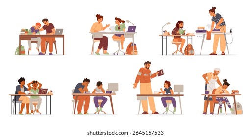 Diverse parents and grandparents or tutors making homework or homeschooling with primary school kids flat vector illustrations set isolated on white. 