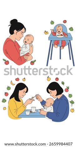 Diverse parents nurturing infants through early childhood mealtime development and nourishment