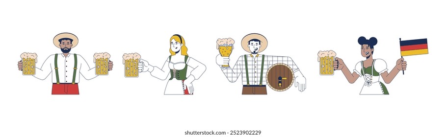 Diverse party guests enjoying oktoberfest 2D cartoon characters set. Positive adults with craft beer having fun isolated people flat vector on white background. Spot illustrations collection