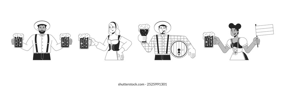 Diverse party guests enjoying oktoberfest black and white 2D line characters set. Positive adults with craft beer having fun isolated vector outline people. Monochrome spot illustrations collection