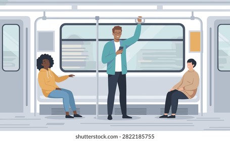 Diverse passengers riding inside a clean modern subway train car while commuting quickly through the busy city.