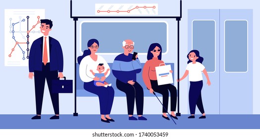 Diverse Passengers In Subway Train. Senior, Handicapped People, Woman With Baby On Seat Flat Vector Illustration. Transportation, Society Concept For Banner, Website Design Or Landing Web Page