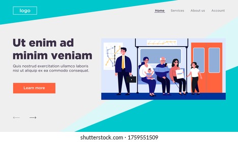 Diverse passengers in subway train. Senior, handicapped people, woman with baby on seat flat vector illustration. Transportation, society concept for banner, website design or landing web page