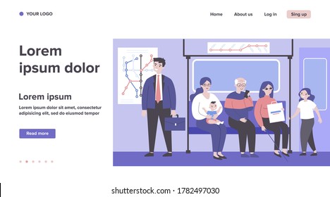 Diversos pasajeros en tren subterráneo. Ancianos, discapacitados, mujeres con hijos en el asiento plano de ilustración vectorial. Transporte, concepto de sociedad para banner, diseño de sitio web o página web de aterrizaje