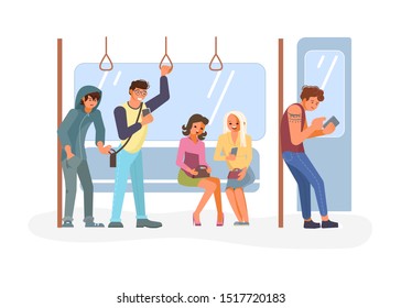 Diverse passengers using their mobile devices in Public transport. Pickpocket takes a wallet from a pocket of a scattered man. Flat Art Vector illustration