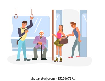 Diverse passengers using their mobile devices in Public transport. Pickpocket takes a wallet from a handbag of a scattered woman. Flat Art Vector illustration