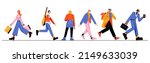 Diverse passerby people walk, courier deliver order, businessman with coffee cup, schoolgirl or student, teenager in headset with guitar woman with shopping bags, Line art flat vector illustration