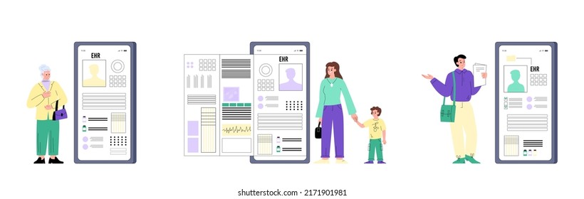 Diverse patients looking at their electronic health records, flat vector illustration isolated on white background. Set of people using mobile phone with online app about medical information.