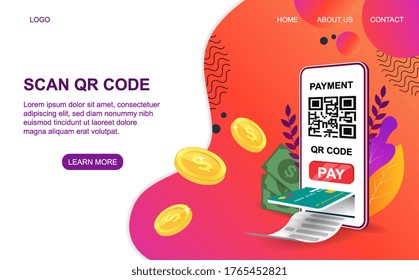 Diverse payment methods - Scan or Code with a mobile phone with payment slot for a credit card and a QR code with loose gold coins, colored vector illustration